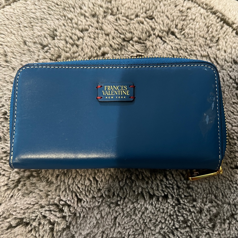 Frances Valentine Blue Leather Zip Around Wallet